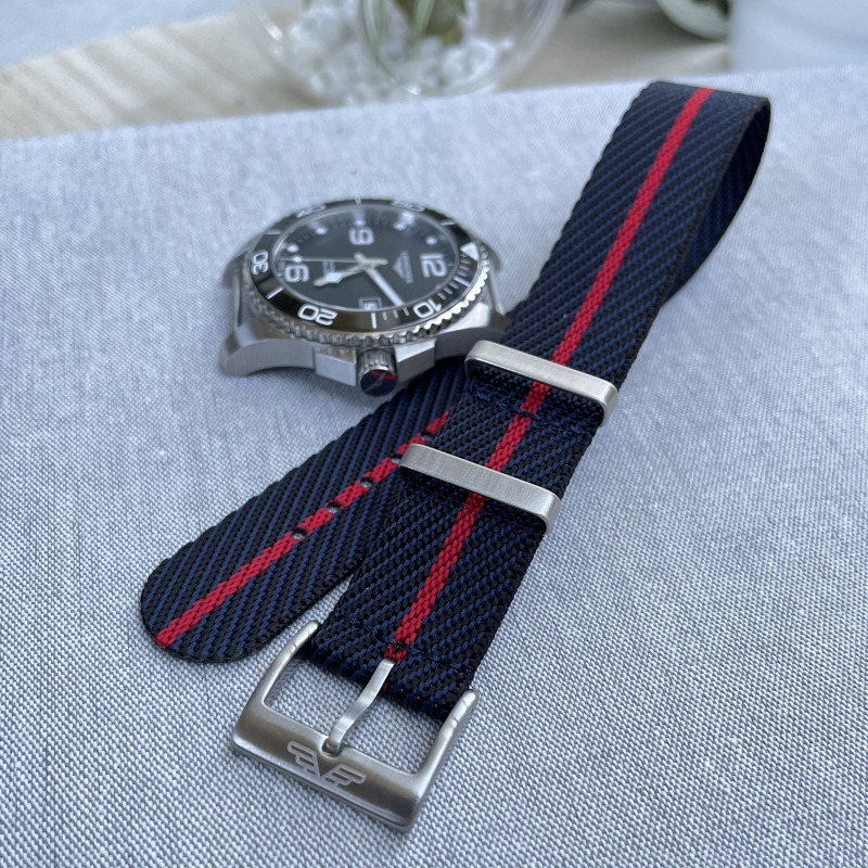 Black, Blue and Red Stripe, Nylon Single-Pass Watch Strap - By Venture Watch Straps